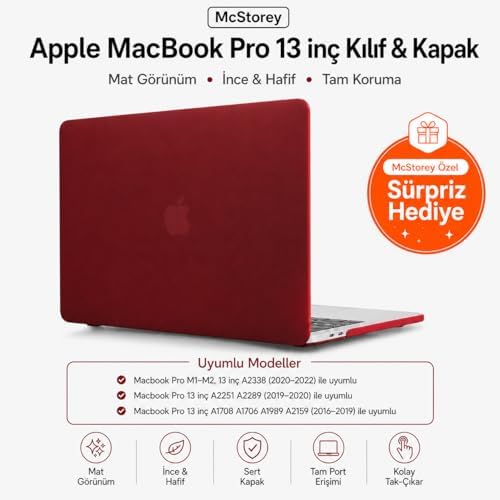 MacBook Pro 13 İnç M1 M2 Kılıf A2338 Uyumlu | Mat Sert Koruyucu Kapak Hard Case | A1706 A1708 A1989 A2159 A2251 A2289 Uyumlu İnce Hafif Buzlu Laptop Kılıfı Bordo - Görsel 3