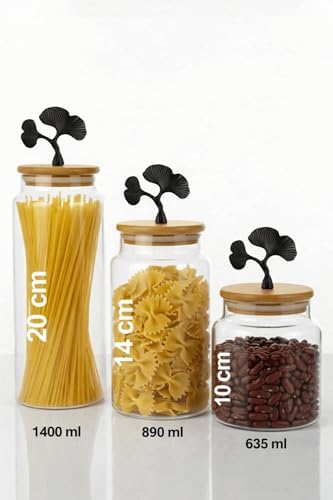 3'Lü Bambu Kapaklı Mat Siyah Ginkgo Figürlü Şeffaf Cam Kavanoz Cam Saklama Kabı 635/890/1400Ml