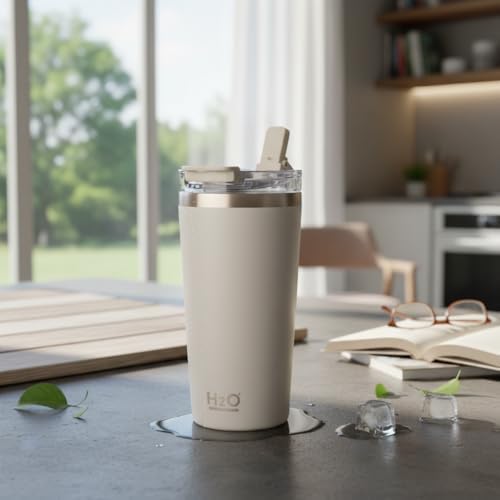 530 ml Pipetli ve Ağızlıklı Çelik Termos Kupa - Çift Fonksiyonlu Kapak - Sıcak/Soğuk Tutan Seyahat Bardağı (Travel Mug) - 4 Farklı Renk Seçeneği (KREM) - Görsel 3