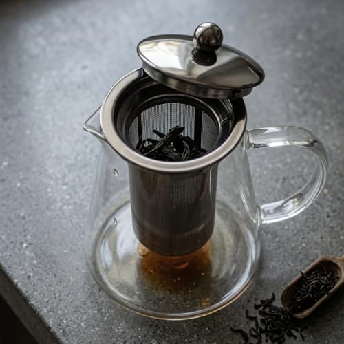 Paslanmaz Metal Süzgeçli Borosilikat Cam Demlik - 950 ml Bitki Çayı Demliği ve Çaydanlık Üst Cam Demlik
