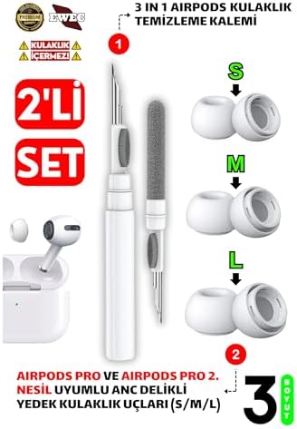 Pro ve Pro 2.Nesil Uyumlu Anc Delikli Silikon Kulaklık Uçları (S,M,L) ve 3'ü 1 Arada Bluetooth Kulaklık Temizleme Kalemi Seti (Beyaz)