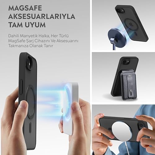 iPhone için Kılıf Kamera Korumalı Magsafe Wireless Şarj Özellikli Şeffaf Renkli Kılıf (iPhone 16E Siyah) - Görsel 3