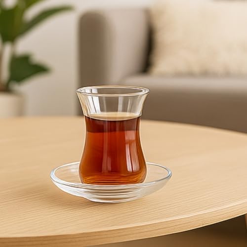Alternative view of 12 Parça Klasik Çay Seti – 6 Çay Bardağı ve 6 Çay Tabağı, Şeffaf Cam, 8 cm Bardak, 10 cm Tabak, Şık ve Dayanıklı Tasarım