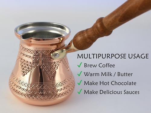 Alternative view of DEDE Copper - PCZ Serisi (Large-14fl.oz) - Ahşap Saplı En Kalın Katı Bakır Oymalı/Dövülmüş Türk Yunan Arap Kahve Demliği, Ocak Üstü Kahve Makinesi Cezve, Jezve, Jazva, Ibrik, Briki (Parlak)