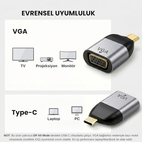 Type-C to VGA Çevirici Mini Adaptör - USB-C'den VGA Görüntü Dönüştürücü - Alüminyum Gövde - Laptop Uyumlu - Tak Çalıştır