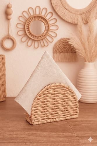 Alternative view of Boho El Yapımı Rattan Peçetelik - Masa Üstü ve Mutfak için Doğal Hasır Peçete Tutucu, Bohem Ev Dekoru, Yarım Ay Tasarım Dikey Peçete Standı