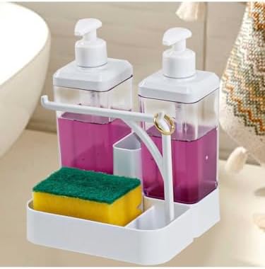 İKİLİ SIVI SABUNLUK VE SETİ - Yüzük Bez Askılı Sünger Hazneli 2X350 ml 2li Sıvı Sabunluk
