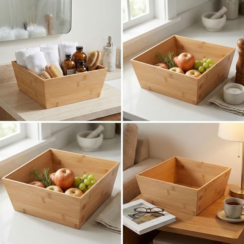 Alternative view of Doğal Bambu Çok Amaçlı Saklama Kutusu - 28x28x12 cm Banyo, Mutfak ve Dolap İçi Organizer Düzenleyici Kare Kutu