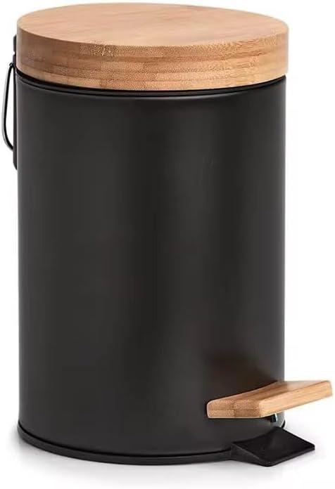 Bambu Kapaklı Metal Çöp Kovası – Hidrolik Sistemli Yavaş Kapanma Özellikli, Pedallı, Banyo ve Mutfak İçin Şık ve Fonksiyonel Tasarım (Siyah, 3 Litre)