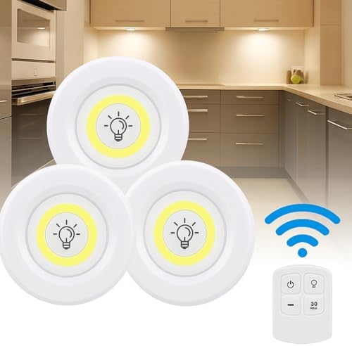 Hero 3’lü Kablosuz LED Spot Işık Seti – Uzaktan Kumandalı, Yapışkan Bantlı, Pilli, 3W COB LED, 150 Lümen, 2 Parlaklık Seviyesi, Zamanlayıcılı Dolap Tezgah Banyo Aydınlatmas