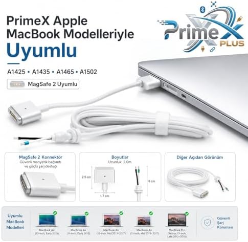 PX-MAC2 MagSafe 2 Güç Adaptörü Kablosu, Apple MacBook A1425 A1435 A1465 A1502 Uyumlu, 5 Pin T Stili Manyetik Şarj Tamir Kablosu, 45W 60W 85W Adaptör İçin, 1.8 Metre - Görsel 3