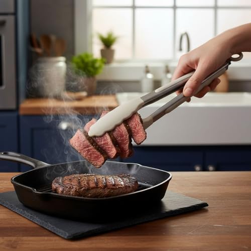 Mutfak Maşası Yemek Izgara Salata Barbekü Kızartma Maşası, Isıya Dayanıklı Paslanmaz Çelik Saplı Silikon Yemek Maşası 3 Renk Seçeneği (Gri-Krem-Bej) (BEJ) - Görsel 3