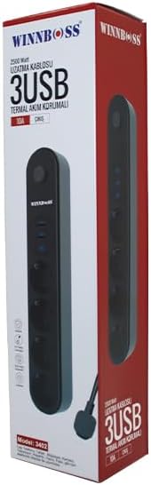 Chermik Wınnboss-3402 Termal Akım Korumalı (4Lü Priz) (3X Usb) (2Mt) (Anahtarlı) Uzatma Kablo Siyah (10A & 2500W)*40