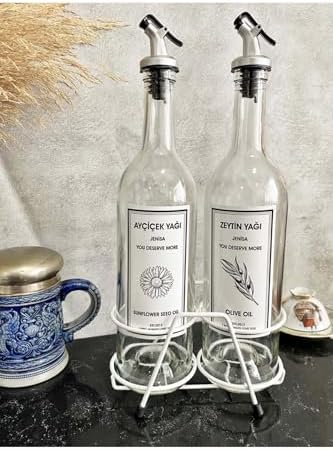 Beyaz Standlı Akıtıcılı Şeffaf 750 Ml Beyaz Etiketli Yağlık Yağdanlık - Görsel 3
