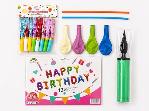 DORDOİ 28 Parça HAPPY BİRTHDAY Parti Seti – Renkli Folyo Harf Balon, Balon Şişirme Pompası, Kaynana Dili ve Balonlu Doğum Günü Süsleme Seti - Görsel 3