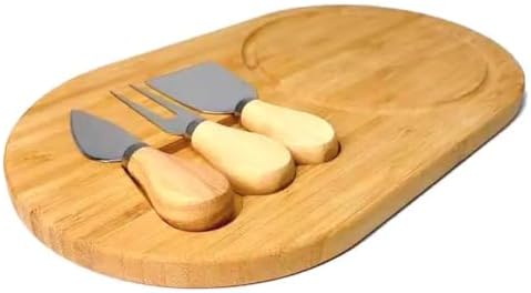 Bambu Peynir Sunum Tabağı, 3 Parça Peynir Bıçağı ve Çatalı Seti, Toplam 4 Parça, Doğal ve Şık Peynir Tabağı, Kaliteli Sunum Seti 34x20 cm Ebatlarında - Görsel 3