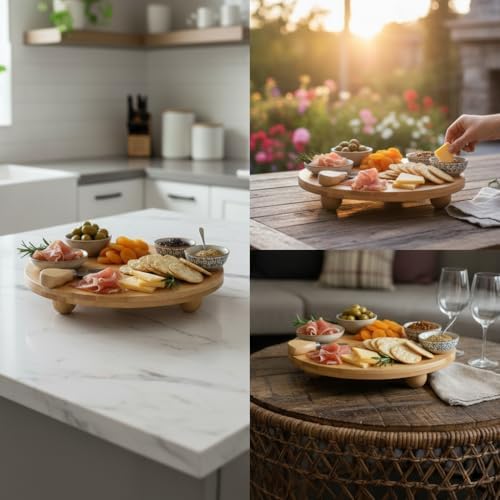 Alternative view of Bambu Top Ayaklı Yuvarlak Sunumluk – 25cm Çap Seçenekli Doğal Ahşap Servis Tabağı | Peynir, Meze, Kek Standı, Kahvaltı ve Charcuterie Board | Yükseltilmiş Masaüstü Tepsi (25 CM)