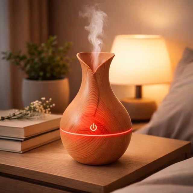 Alternative view of Ahşap Görünümlü Aroma Difüzörü LED Işıklı Sessiz Hava Nemlendirici – Ev ve Yatak Odası için Hava Nemlendirici Buhurdanlık (Aroma Hediyeli) (Açık Kahve)