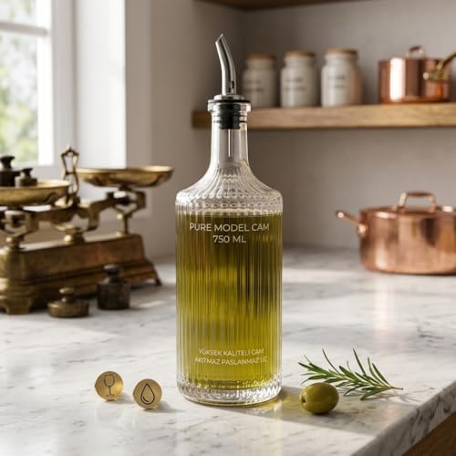 Alternative view of 2'li Pure Model Şeffaf Cam Yağdanlık Seti - Optikli (Çizgili) Tasarım, Paslanmaz Akıtmaz Uçlu Yağ ve Sirke Şişesi (750 ml x 2 Adet)