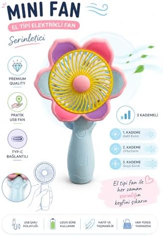 Mini El Fanı USB Şarjlı Type-C Bağlantılı 3 Kademeli Taşınabilir Elektrikli Fan Masaüstü ve El Tipi Kullanım Renk Serinletici Fan Mavi Sarı Pembe Çiçek - Görsel 2