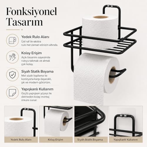 Alternative view of Yapışkanlı Siyah Raflı Tuvalet Kağıtlığı, Delmeden Montaj Duvar Tipi Tuvalet Kağıdı Tutucu, Banyo ve WC Organizer
