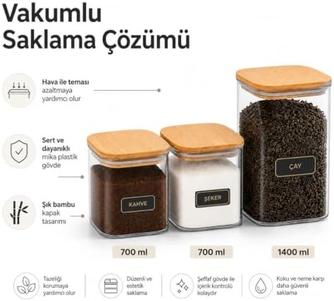 Vakumlu 3lü Bambu Saklama Kabı Seti, 2800 Mililitre, Mika Plastik, Sert Dayanıklı, Hava İle Temas Etmez Sızdırmaz Kapak, Ahşap Kapaklı, 700ml x2 ve 1400ml - Görsel 2