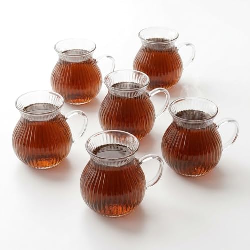 6'lı Kulplu Borosilikat Fitil Desenli Cam Çay Bardağı Seti - Geniş Ağızlı Tombul Tasarım, Isıya Dayanıklı Çay Takımı 180ML - Görsel 2