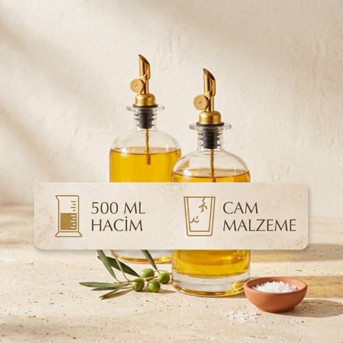 Alternative view of 2'li Lüks Cam Yağdanlık ve Sirkelik Seti - 500 ml Altın Renkli Metal Başlıklı Akıtmaz Sızdırmaz Mutfak Sosluk Şişesi