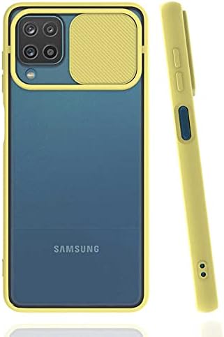 Galaxy A12 ile uyumlu Kılıf Slayt Sürgülü Arkası Buzlu Lensi Kapak - Sarı