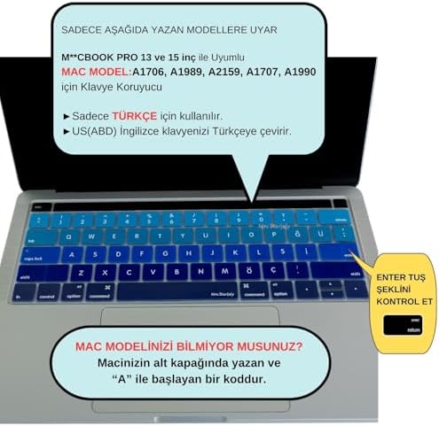 Türkçe Q Keyboard Cover MacBook Pro Touch Bar 13 inç 15 inç Uyumlu A1706 A1989 A2159 A1707 A1990 | US ANSI Amerikan Düz Enter Silikon Klavye Koruyucu Lacivert Mavi - Görsel 3