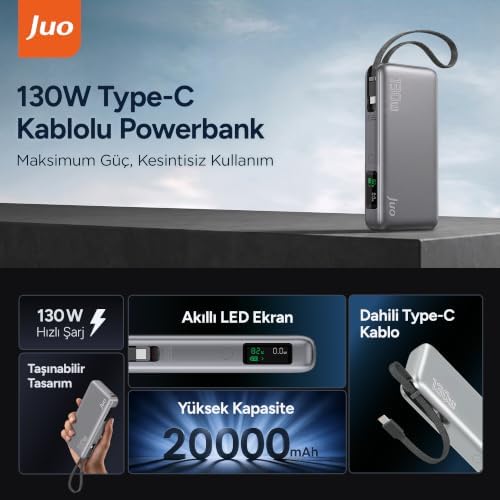 Alternative view of 20000mAh 130W LED Ekranlı USB-A + Type-C Kablolu Powerbank Taşınabilir Hızlı Şarj Cihazı