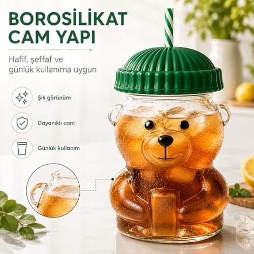 SOGUD Cam Bardak - 580 ml Pipetli Soğuk İçecek Bardağı - Borosilikat Cam Kupa - Ayıcıklı Figürlü Barista Kahve Bardağı - Smoothie Limonata Ice Tea Kokteyl ve Meyve Suyu İçin Yazlık Sunum(Asorti Renk) - Görsel 3