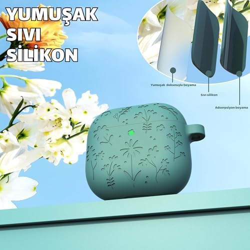 AirPods 4. Nesil Uyumlu Çiçek İşlemeli Premium Silikon Kulaklık Kılıfı ve 3'ü 1 Arada Bluetooth Kulaklık Temizleme Kalemi Seti (Orman Yeşili) - Görsel 3