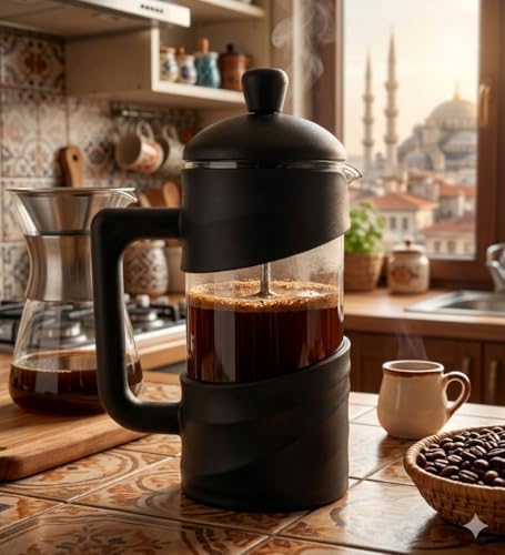 Kanji 350 ml Cam French Press – Isıya Dayanıklı Cam, Paslanmaz Çelik Filtreli, Siyah Renkli Kahve ve Bitki Çayı Demliği - Görsel 2