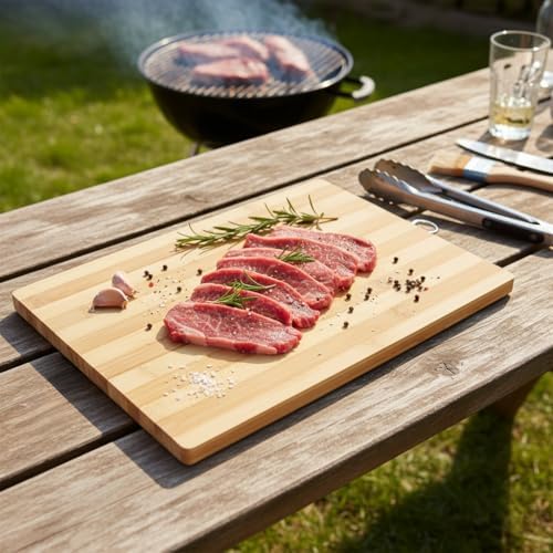 Yuvarlak Bambu Kesme ve Sunum Tahtası (Büyük Boy) | Antibakteriyel, Metal Kulplu Ahşap Pizza/Şarküteri Tahtası 24 * 34cm - Görsel 3