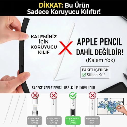 Apple Pencil USB-C Kılıf Klasik Retro Tasarım Mat Silikon Siyah