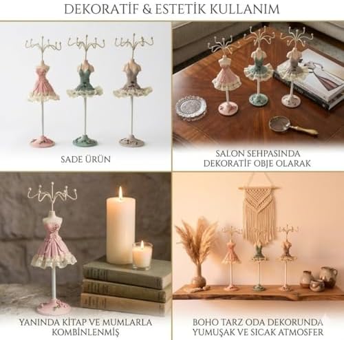 Pembe Elbiseli Manken Takı Standı, Çiçek Desenli, Metal Kancalı, Kolye ve Küpe Tutucu, Vintage Tarz