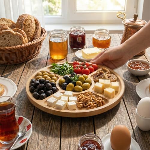 Doğal Bambu Yuvarlak Sunum ve Servis Tabağı Koleksiyonu - Masif Kesme Tahtası ve 5 Bölmeli Döner Çerezlik/Kahvaltılık Modelleri (5 Bölmeli, Bambu) - Görsel 3