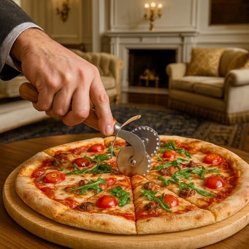 Pizza ve Hamur Kesici – Ahşap Saplı Çift Bıçaklı Paslanmaz Çelik, Düz ve Tırtıklı Bıçaklı Dilimleyici | Profesyonel Mutfak Aracı