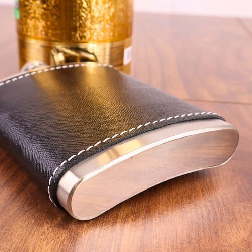 Perlotus 8 Oz 235 cc Hunili Siyah Hakiki Deri Kılıflı Çelik Viski İçki Matarası - Görsel 3