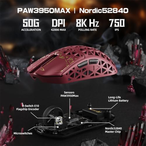 ATTACK SHARK R5 Ultra Karbon Fiber HyperSpeed Kablosuz Gaming Mouse – 39g Süper Hafif, PAW3950MAX Sensör, 42000 DPI, 8000Hz Kablosuz Polling, BT/2.4G/Kablolu USB-C, Windows/Mac Uyumlu – Red