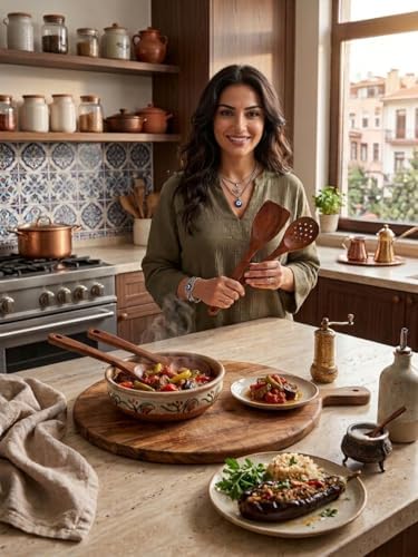 Premium Akasya Ağacı Mutfak Gereçleri Seti - 4 Parça Kaşık/Spatula Seti ve Şık Ahşap Tutucu - Gıdayla Temasa Uygun, Doğal ve Antibakteriyel - Mutfak İçin Ergonomik Tasarım