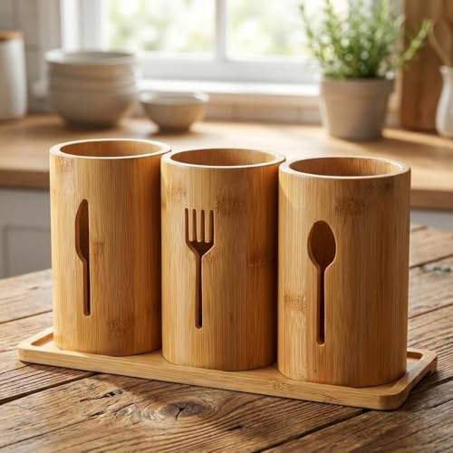 3'lü Doğal Bambu Kaşıklık Seti - Ahşap Standlı Tezgah Üstü Çatal Kaşık Bıçak Düzenleyici Şık Mutfak Organizeri (Stand: 33x13x2 cm/Kaşıklık: 10x12 cm) - Görsel 3