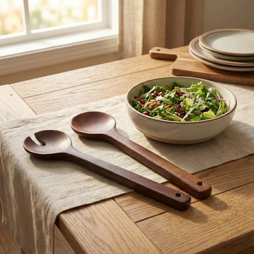 Akasya Naturel Ahşap 2’li Salata Kaşığı Seti | Dayanıklı ve Ergonomik Servis Kaşıkları | 27.5 cm | Doğal Ahşap Sofra Takımı