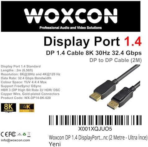 DP 1.4 DisplayPort Kablo 32.40 Gbps Bandwith HBR3 8K 30Hz, 4K 120Hz, 4K 60Hz, 2K 240Hz, 2K 165Hz, 1080p 240Hz Destekli HDR, FreeSync, G-Sync (2 Metre) - Woxcon - Görsel 2
