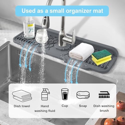Xspring Silikon Musluk Matı, 43x15 cm Mutfak Lavabo Koruyucu, Silikon Musluk Matı Bulaşık Süngeri Tutucu, Kaymaz Gri Kurutma Matı, Mutfak ve Banyo Tezgah Koruma - Görsel 2