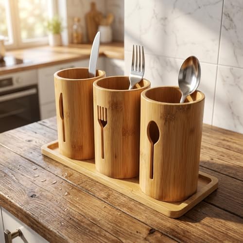 3'lü Doğal Bambu Kaşıklık Seti - Ahşap Standlı Tezgah Üstü Çatal Kaşık Bıçak Düzenleyici Şık Mutfak Organizeri (Stand: 33x13x2 cm/Kaşıklık: 10x12 cm)