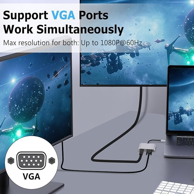 4K USB-C to HDMI VGA Adapter, Çok Portlu Dönüştürücü, Gri, USB Flash Bellek Portu ile, Dizüstü Bilgisayar için