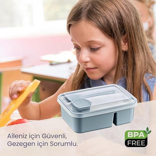 3 Bölmeli Beslenme Kabı 920 ml Sosluklu Sızdırmaz Kapaklı BPA İçermez Çatal Kaşık Dahil Lunch Box Bölmeli Yemek Kabı (Gri)