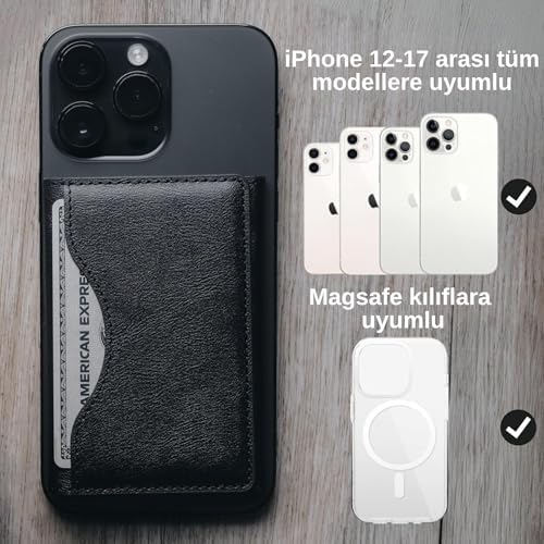 iPhone ile Uyumlu MagSafe özellikli Cüzdan Vegan Deri Güçlü Mıktanıs 6 Kart Hazneli Kartlık (Siyah) - Görsel 3
